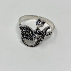 Cat Sterling Silver Ring, two cats with Zirconia, Women, Cat Ring
